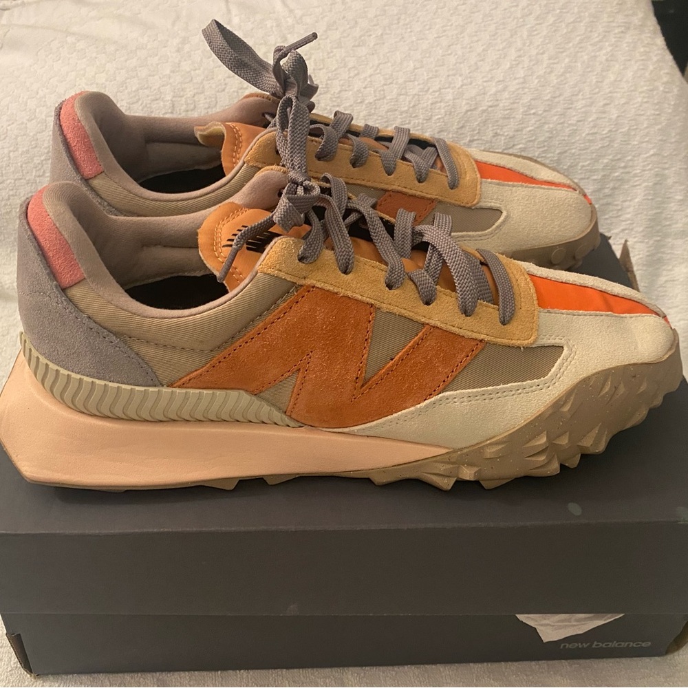 New Balance XC-72 Mindful Gray Rawhide Tan and Orange Retro Sneakers